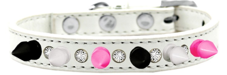 Crystal with Black, White and Bright Pink Spikes Dog Collar White Size 10